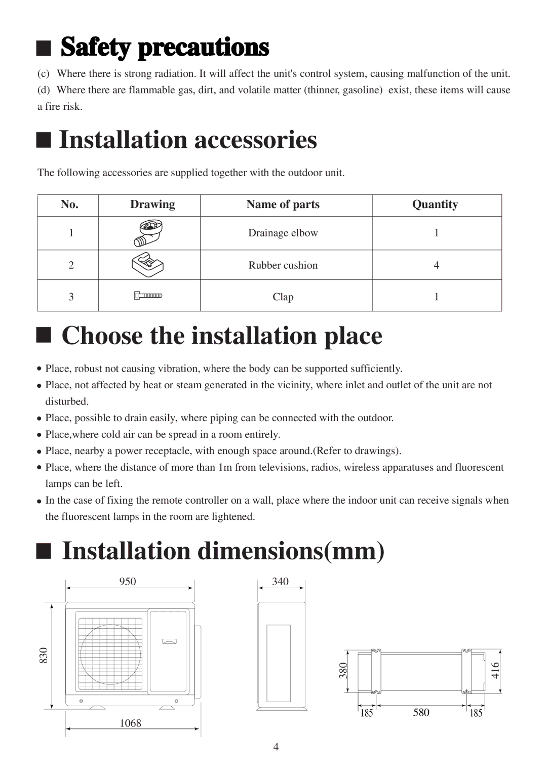 Haier AU282XHERA, AU342XHERA Installation accessories, Choose the installation place, Installation dimensionsmm 