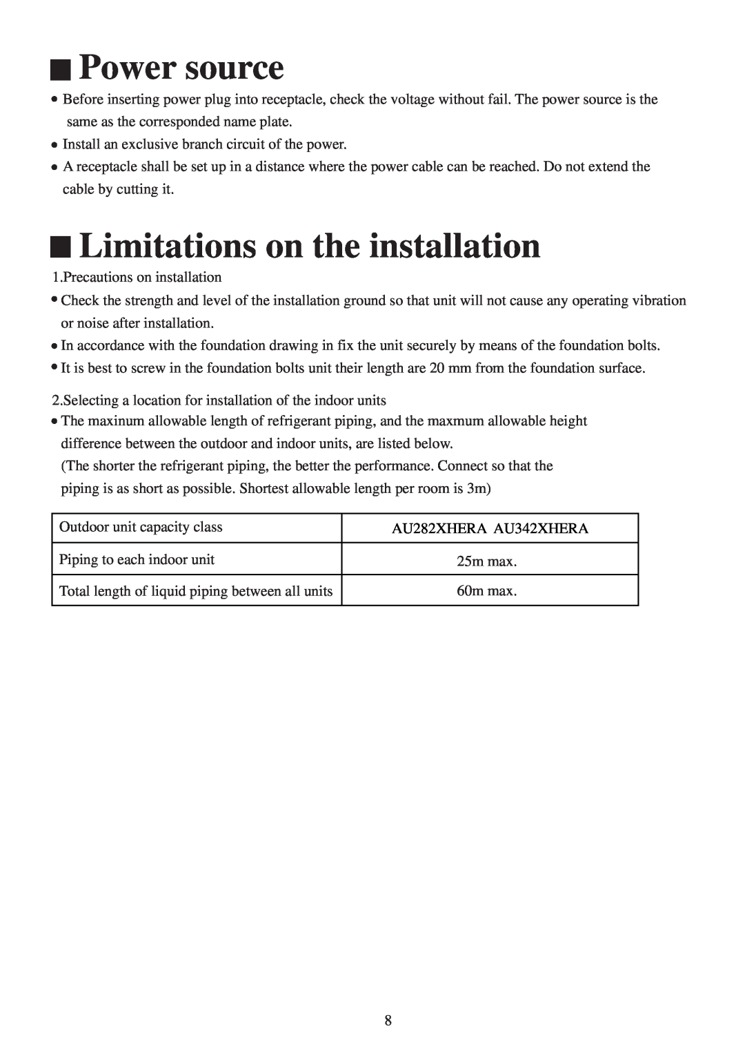 Haier AU282XHERA, AU342XHERA installation manual Power source, Limitations on the installation 