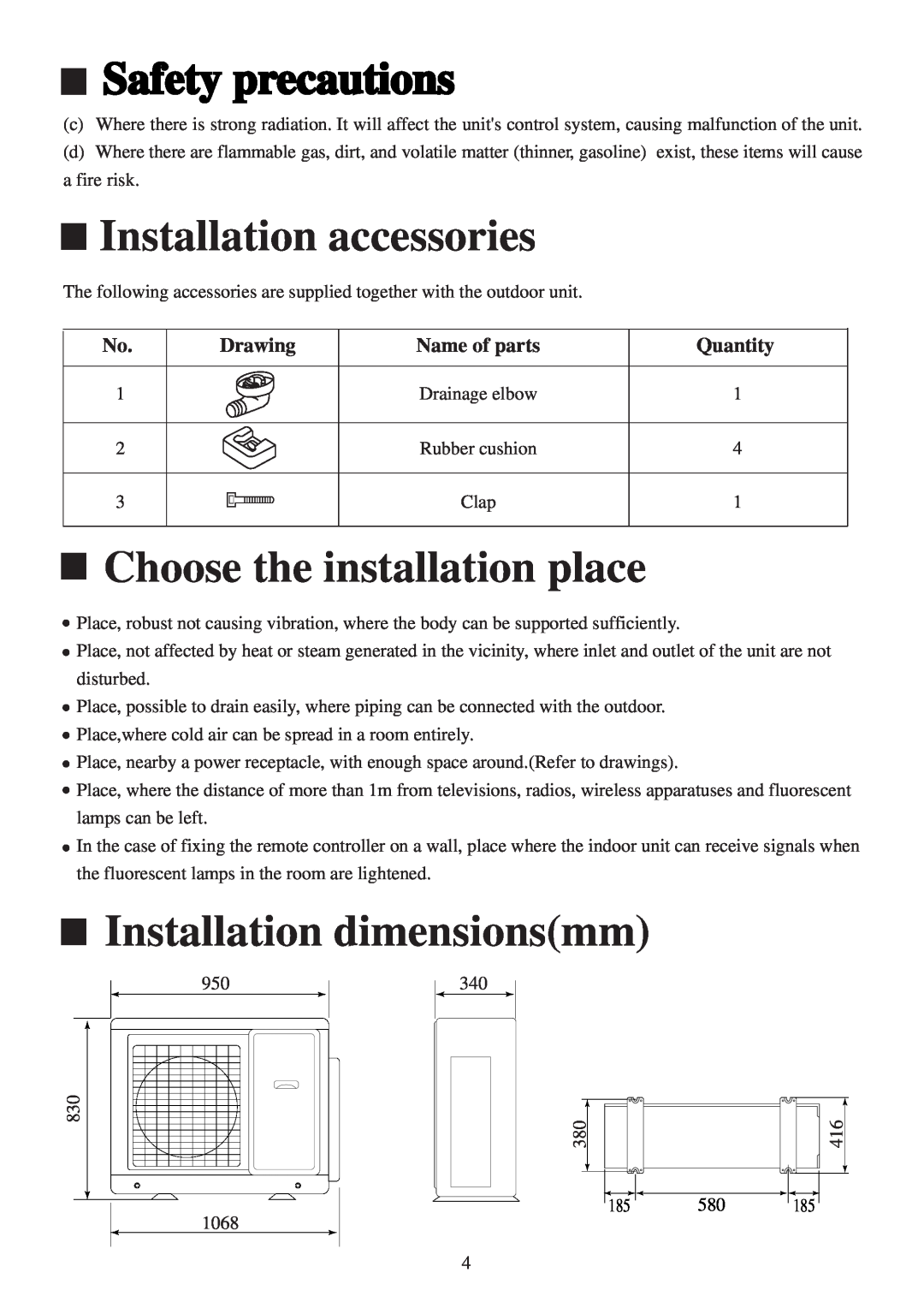 Haier AU282XHERA Installation accessories, Choose the installation place, Installation dimensionsmm, Drawing, Quantity 