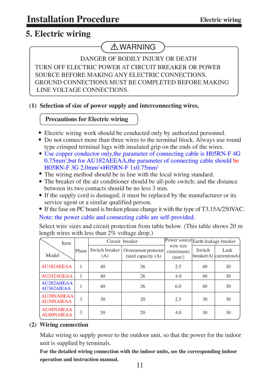 Haier AU28NAHEAA, AU36NAIEAA, AU60NAIEAA, AU362AIEAA, AU48NAIEAA, AU242AGEAA, AU282AHEAA Electric wiring, Wiring connection 