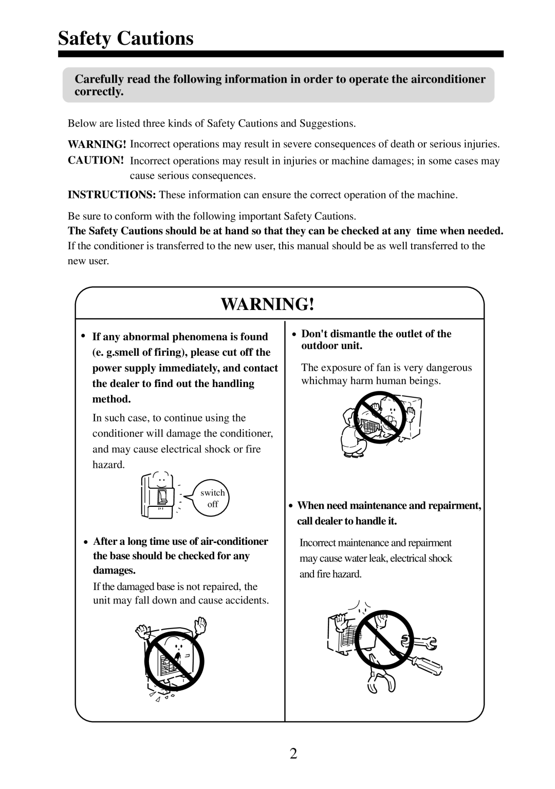 Haier AU48NAIEAA, AU36NAIEAA, AU60NAIEAA, AU362AIEAA, AU28NAHEAA, AU242AGEAA, AU282AHEAA, AU182AEEAA Safety Cautions 