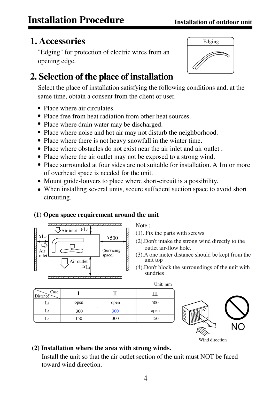 Haier AU242AGEAA, AU36NAIEAA, AU60NAIEAA Installation Procedure, Accessories, Selection of the place of installation 