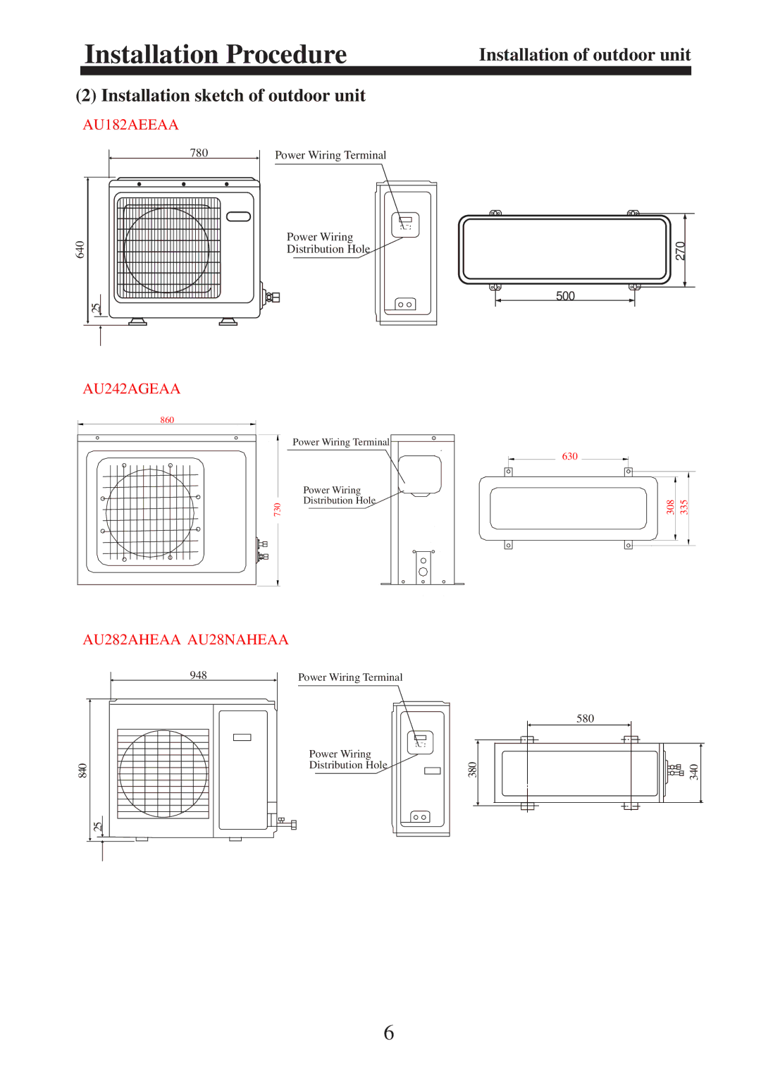 Haier AU182AEEAA, AU36NAIEAA, AU60NAIEAA, AU362AIEAA, AU48NAIEAA, AU28NAHEAA, AU242AGEAA Installation sketch of outdoor unit 