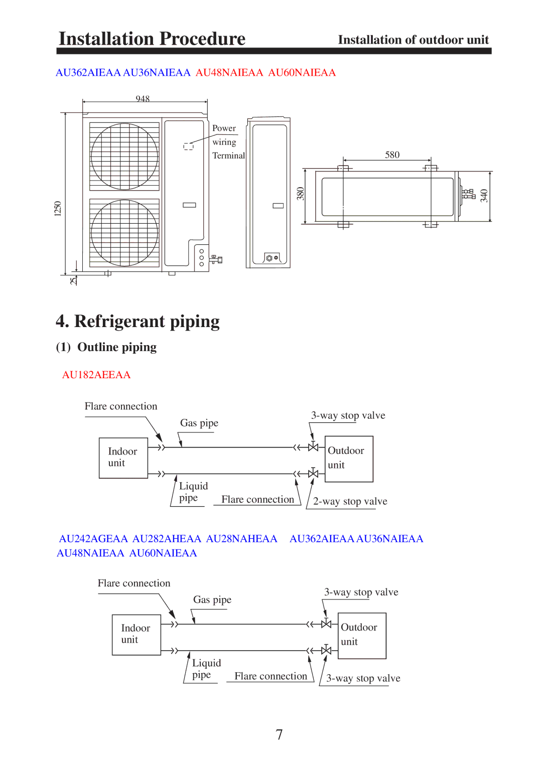 Haier AU36NAIEAA, AU60NAIEAA, AU362AIEAA, AU48NAIEAA, AU28NAHEAA, AU242AGEAA, AU282AHEAA Refrigerant piping, Outline piping 