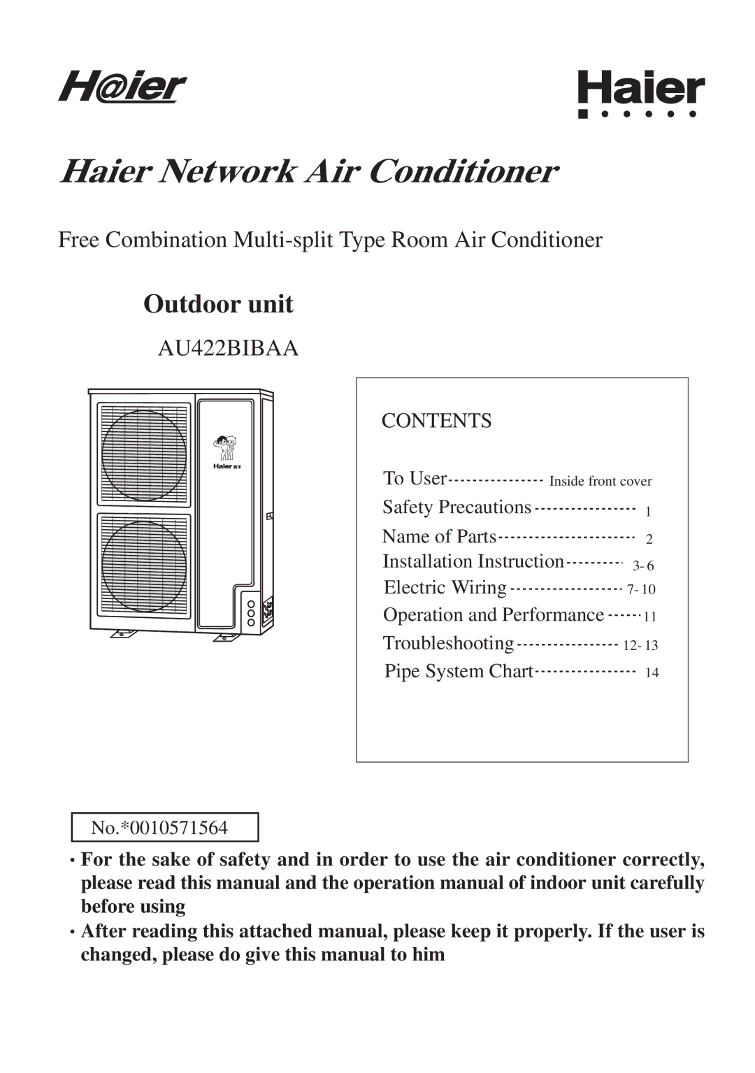 Haier 0010571564, AU422BIBAA operation manual Haier Network Air Conditioner 