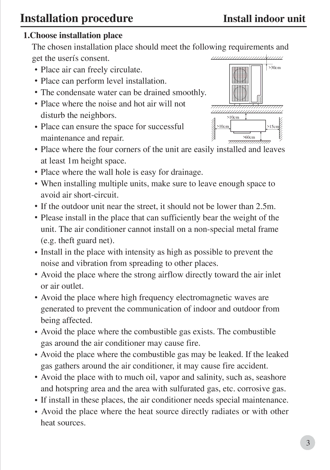 Haier 0010571564, AU422BIBAA operation manual Installation procedureInstall indoor unit, Choose installation place 