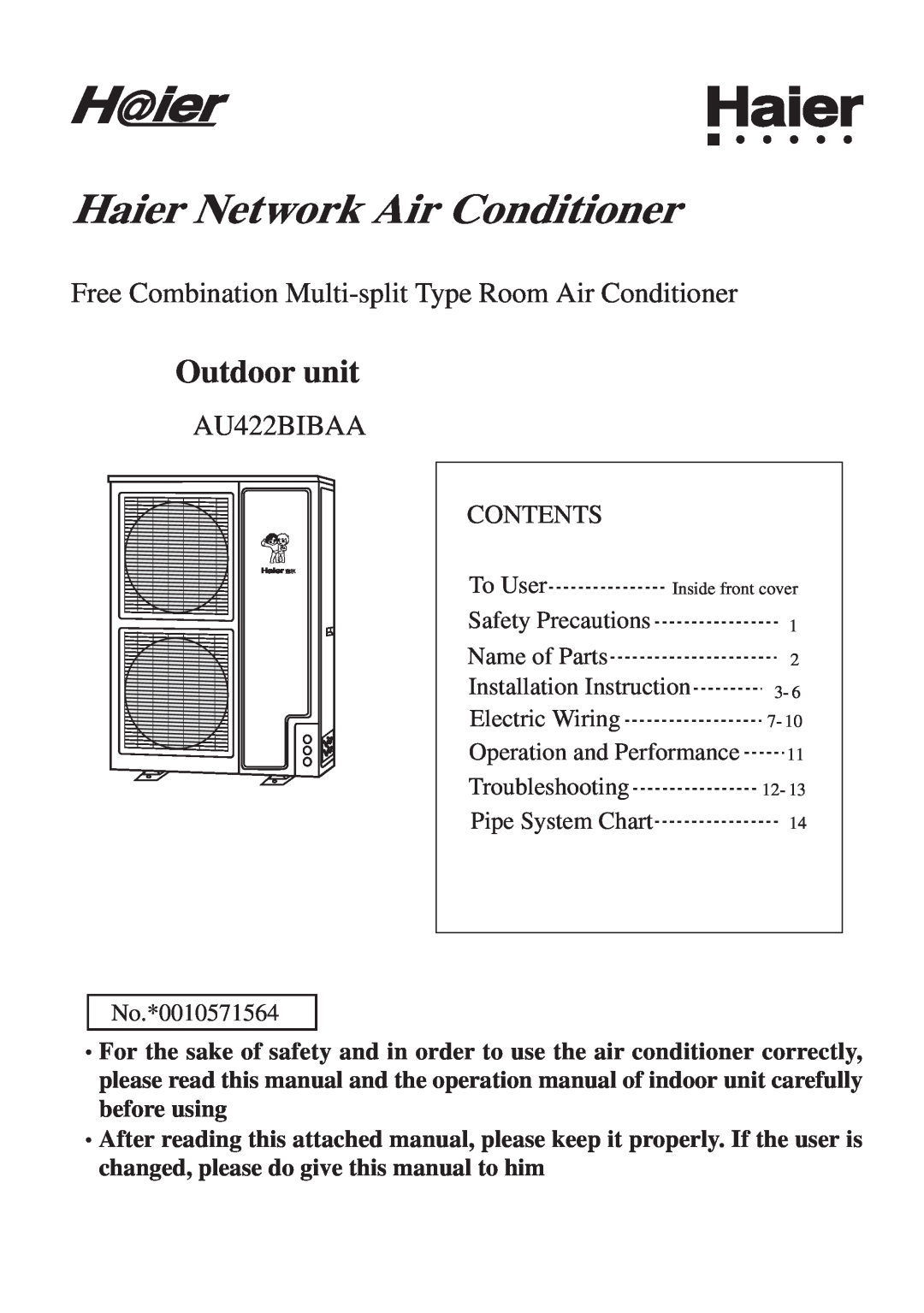 Haier 0010571564 operation manual Outdoor unit, Free Combination Multi-split Type Room Air Conditioner, AU422BIBAA 