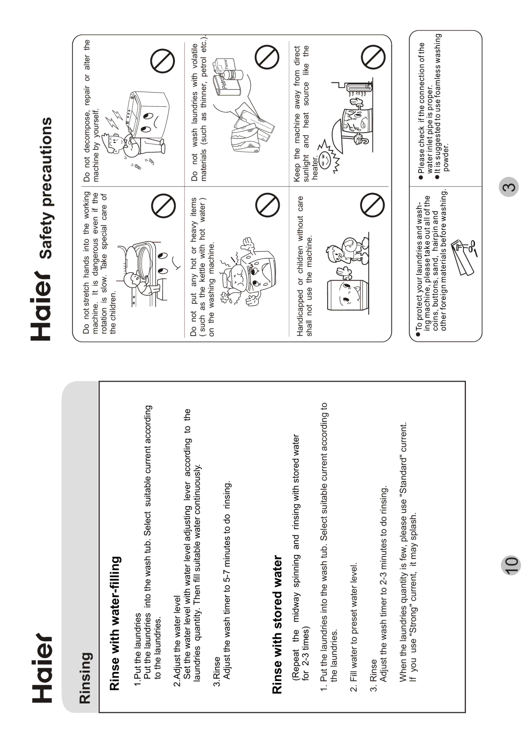 Haier AWT-120LI user manual Rinsing, Rinse with water-filling, Rinse with stored water 