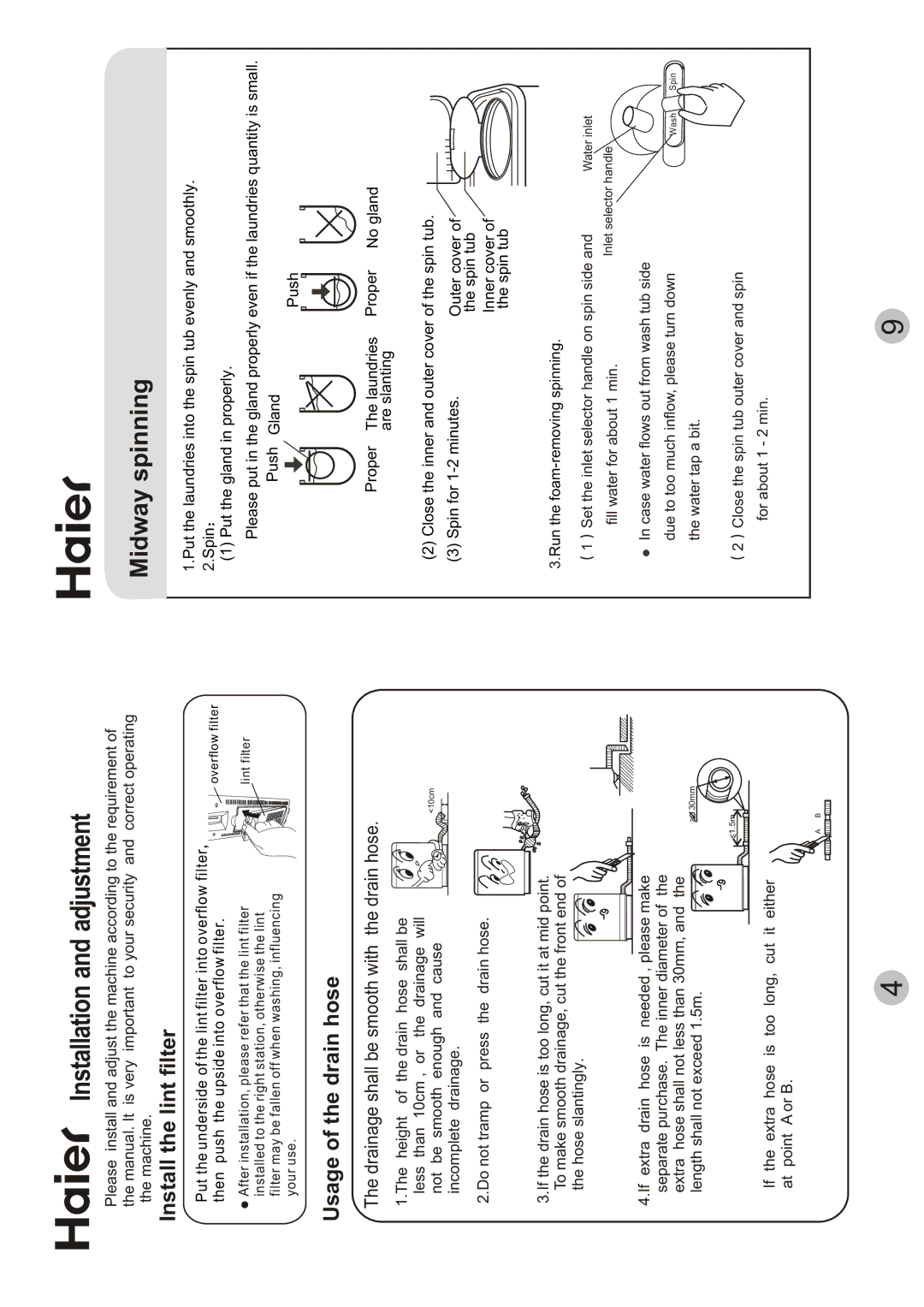 Haier AWT-120LI user manual Midway spinning, Installation and adjustment, Drainage shall be smooth with the drain hose 