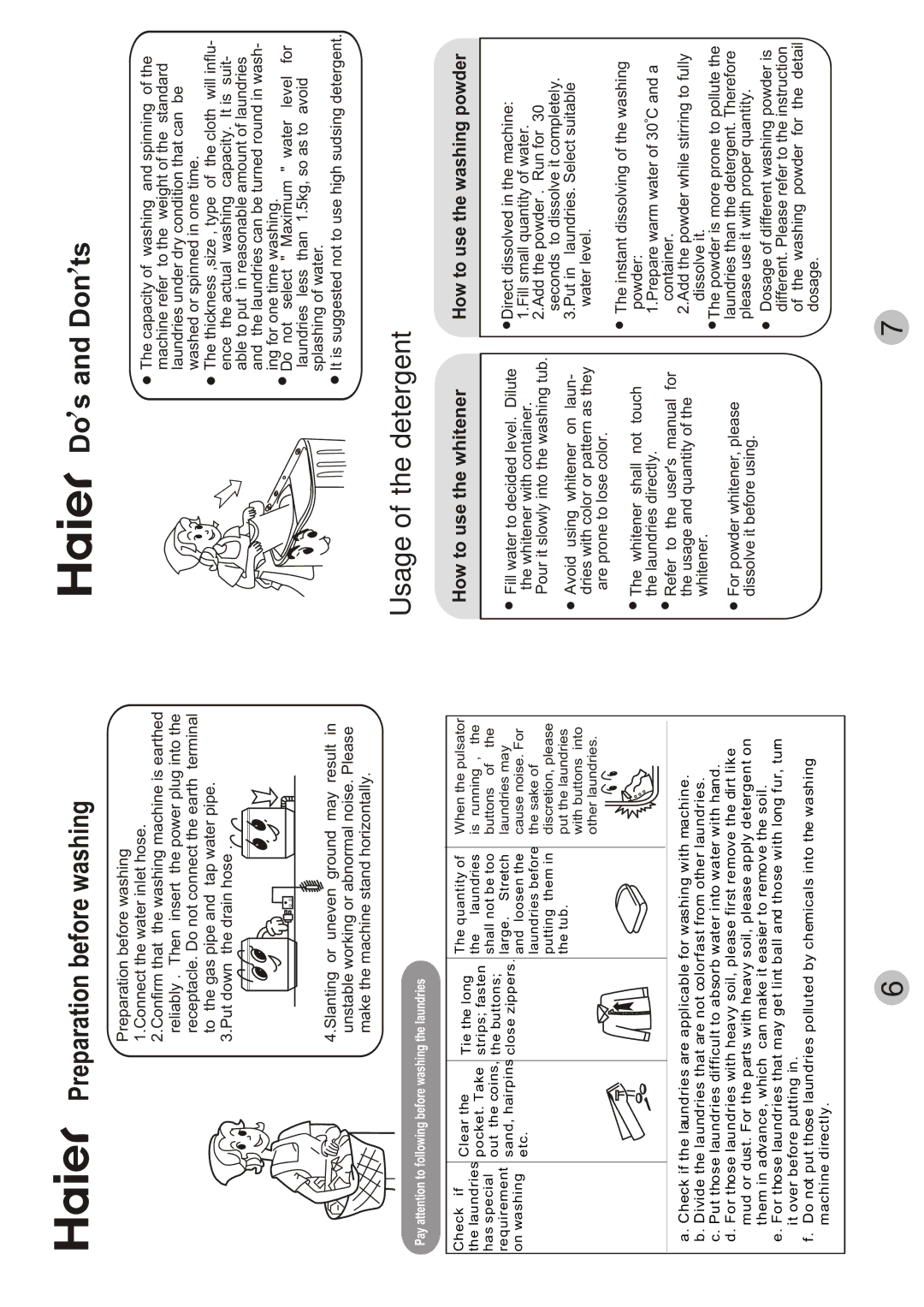 Haier AWT-120LI user manual Do s and Don ts, Usage of the detergent, Preparation before washing 