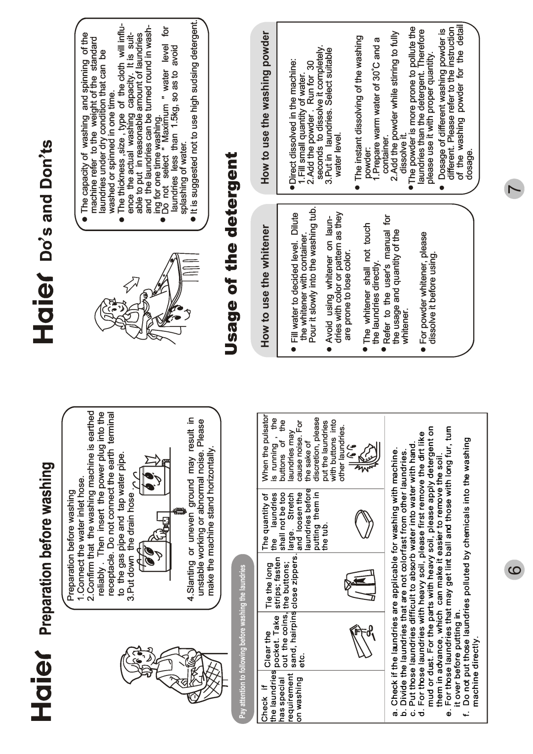 Haier AWT-120LI user manual Do s and Donts, Usage of the detergent, Preparation before washing, Put down the drain hose 