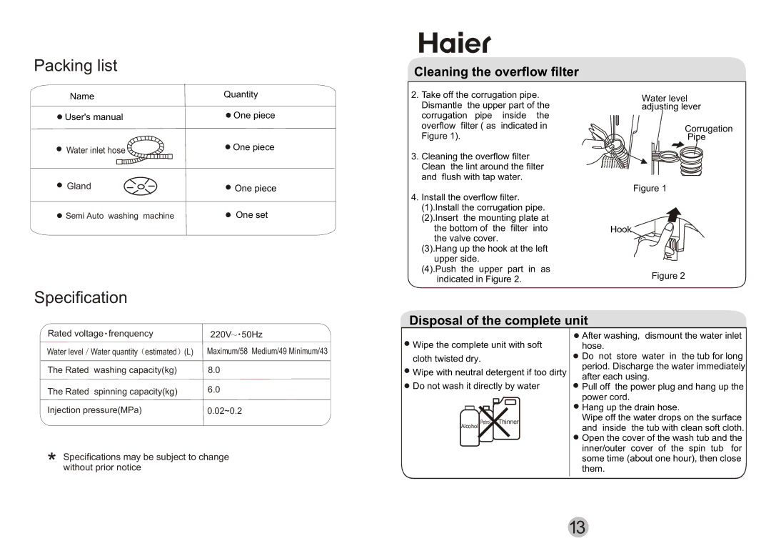 Haier AWT-80LI specifications × Ï ä Ë µ Ã ÷, Cleaning the overflow filter, Disposal of the complete unit 