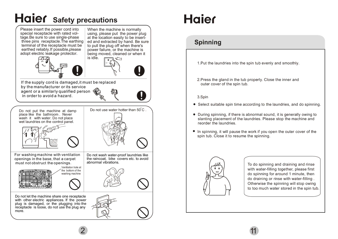 Haier AWT-80LI specifications Spinning, Do not use water hotter than 50 C 