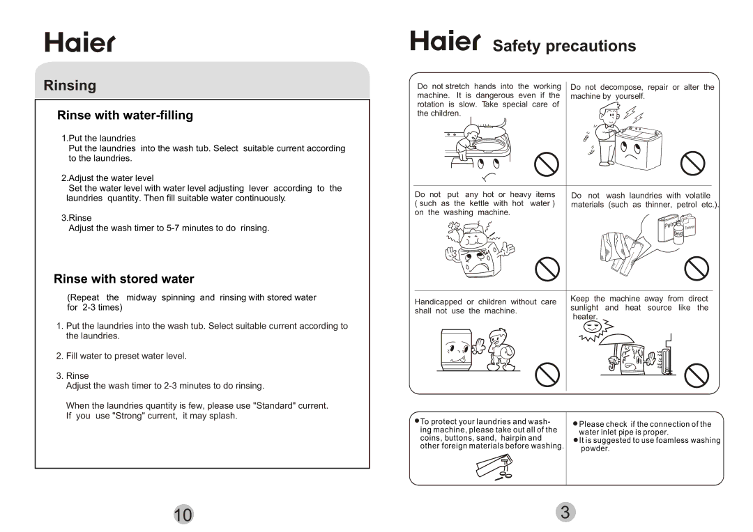 Haier AWT-80LI × ¢ Ò â Ê Â Ï î, Safety precautions, Rinsing, Rinse with water-filling, Rinse with stored water 