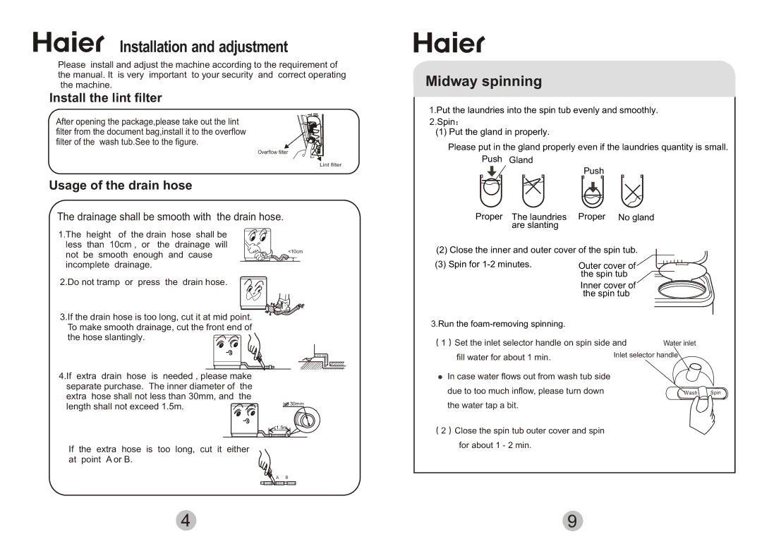 Haier AWT-80LI Installation and adjustment, Midway spinning, Install the lint filter, Usage of the drain hose 