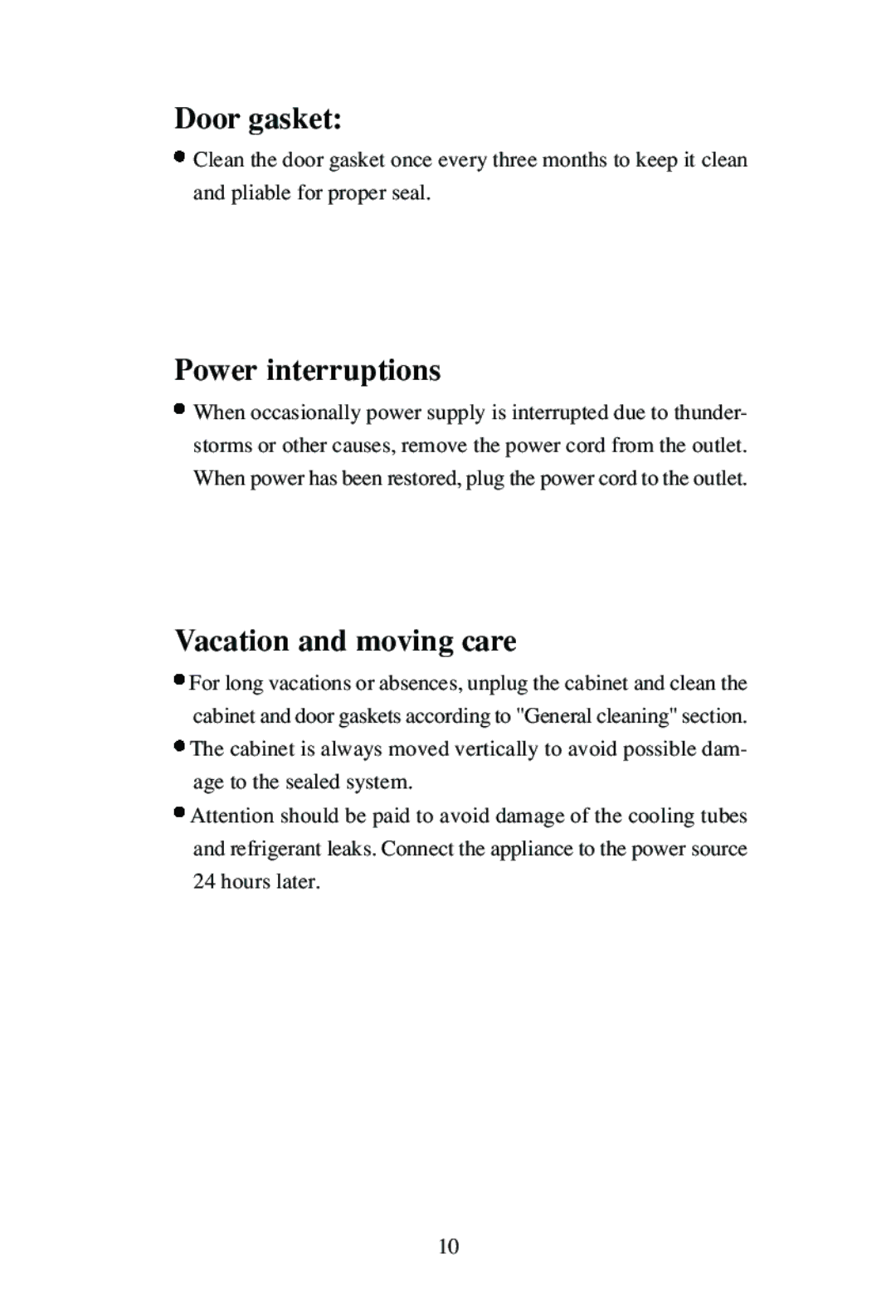 Haier BC-80E, BC-110E user manual Door gasket, Power interruptions, Vacation and moving care 