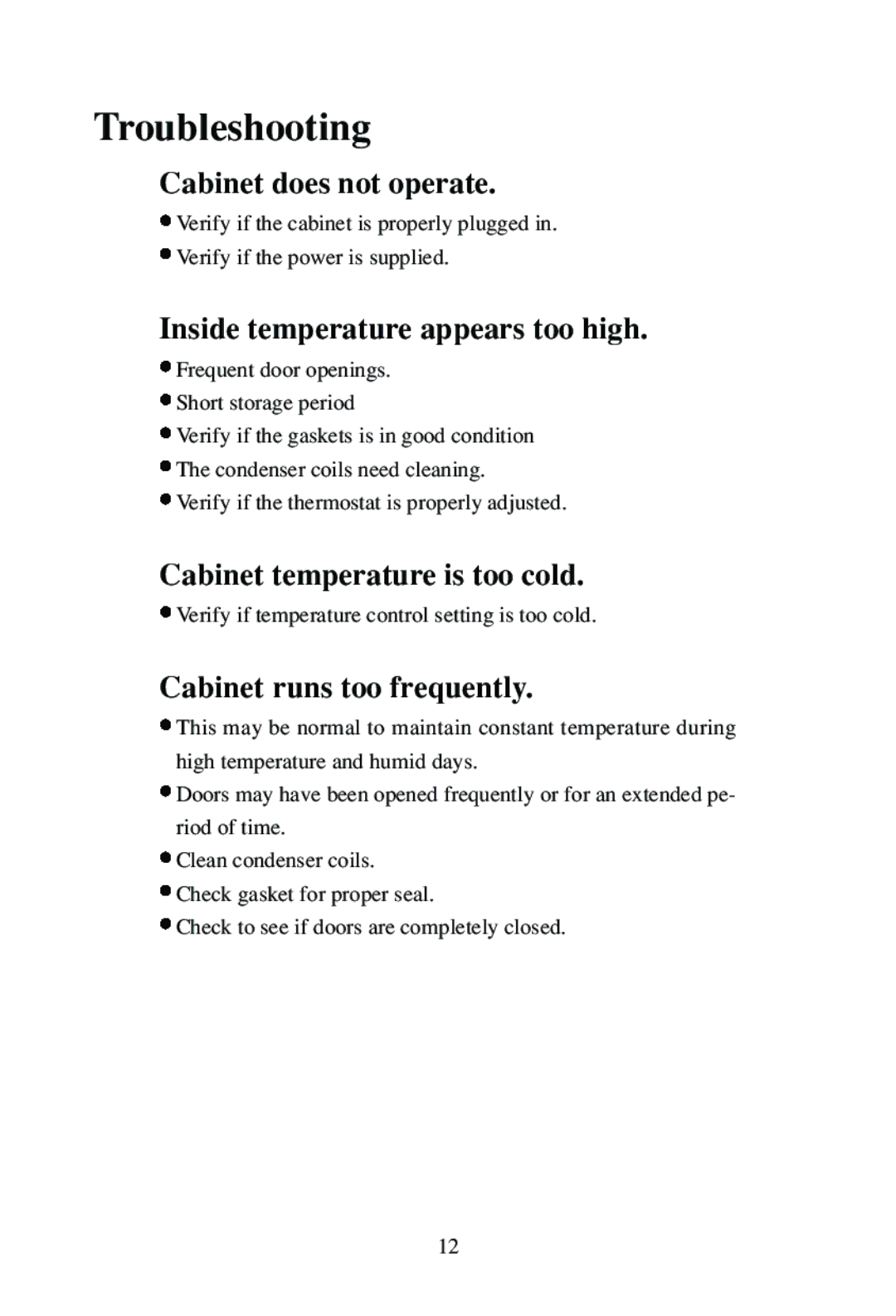 Haier BC-80E Troubleshooting, Cabinet does not operate, Inside temperature appears too high, Cabinet runs too frequently 