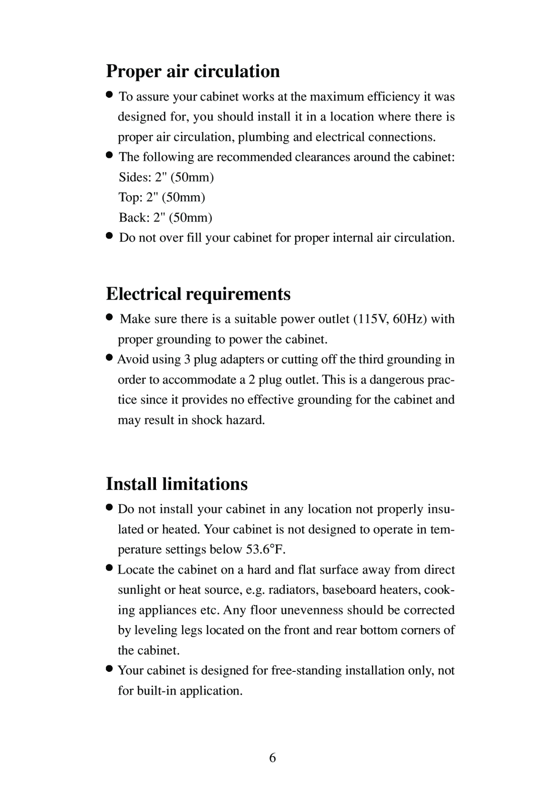 Haier BC-80E, BC-110E user manual Proper air circulation, Electrical requirements, Install limitations 