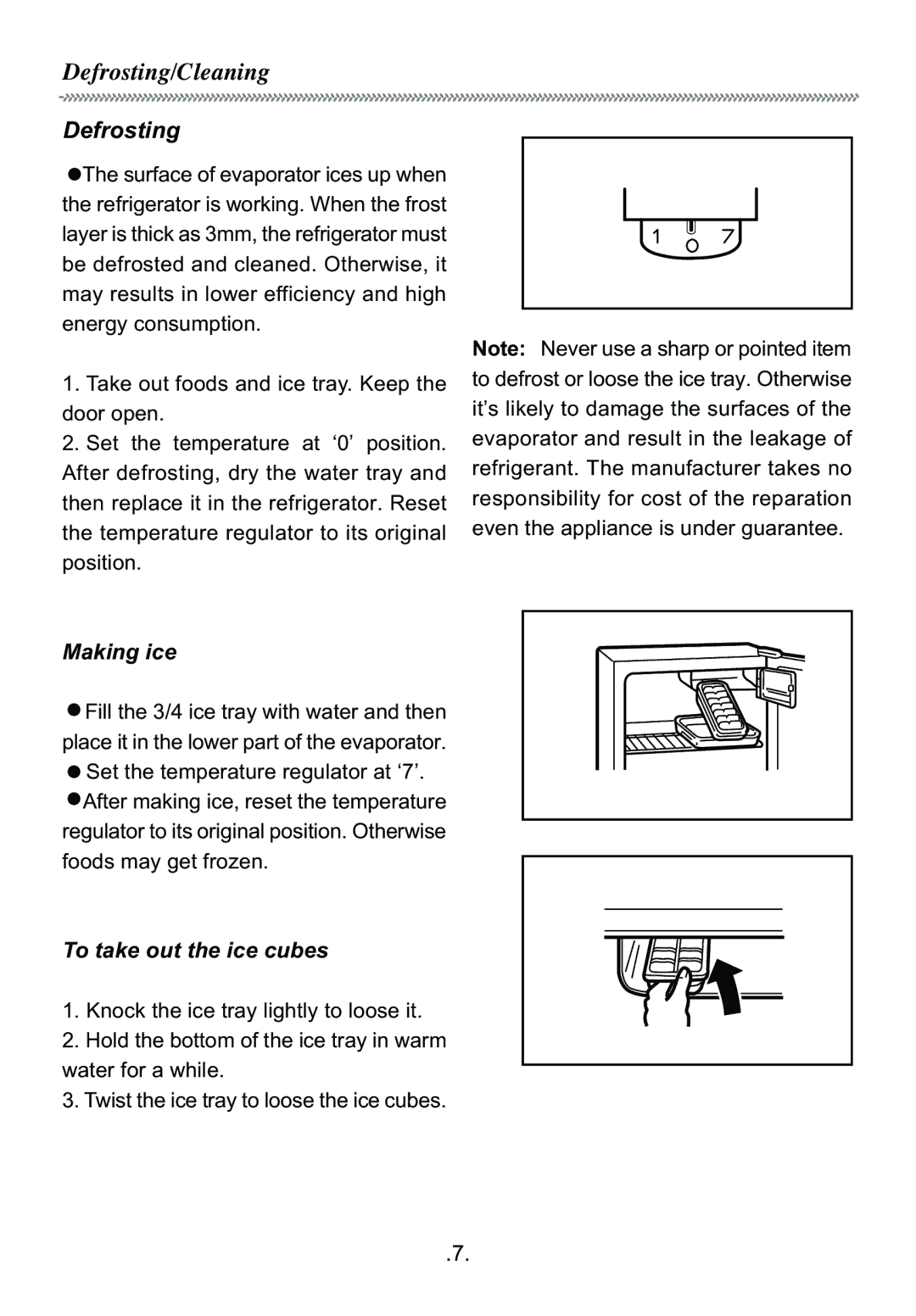 Haier BC-50 manual Defrosting/Cleaning, Making ice, To take out the ice cubes 