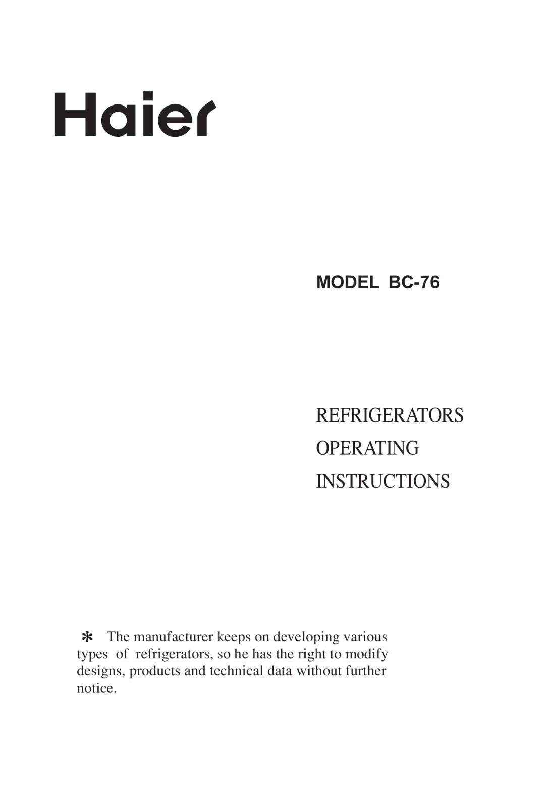 Haier BC-76 operating instructions Lemair 