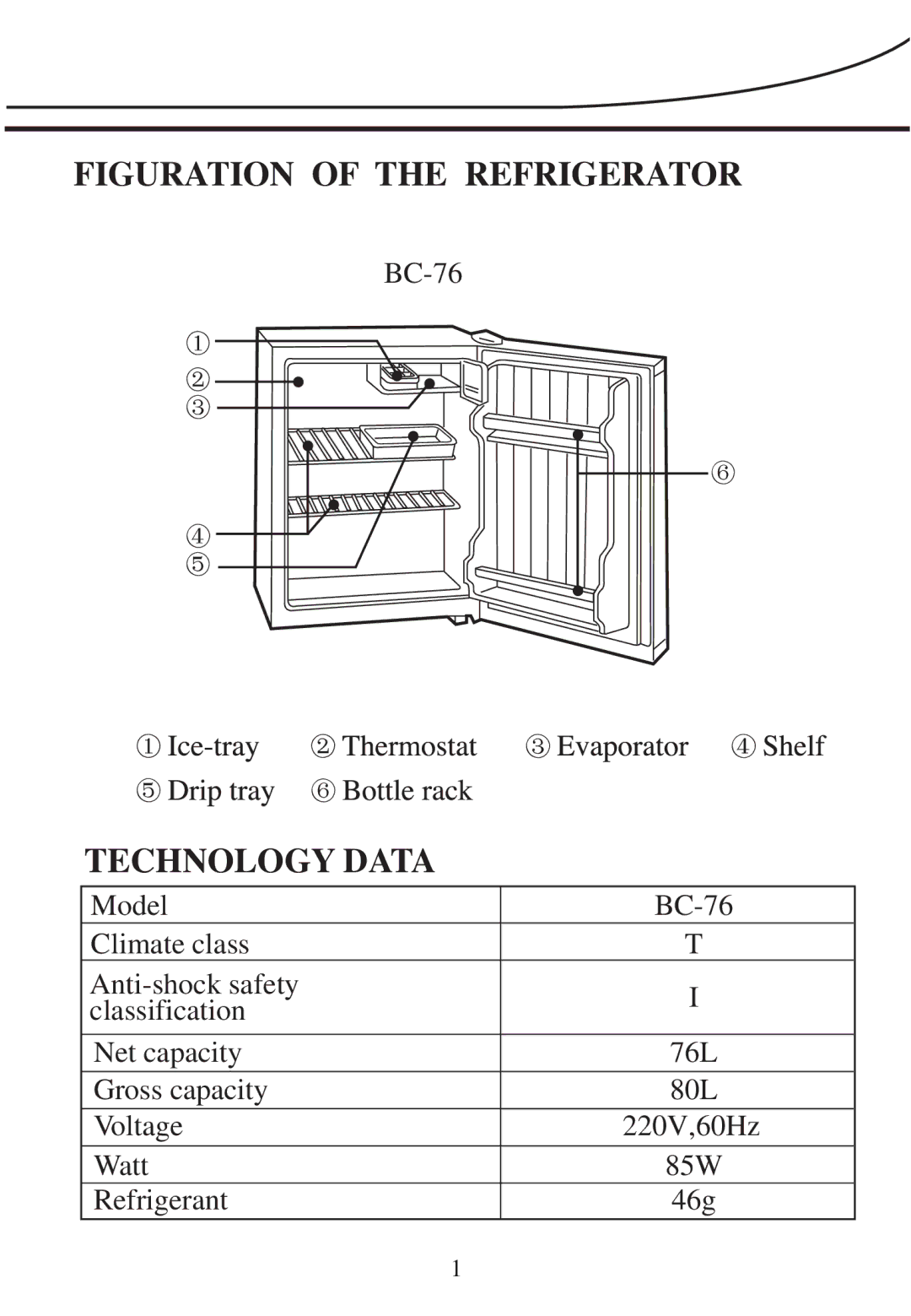 Haier BC-76 operating instructions Figuration of the Refrigerator, Technology Data 