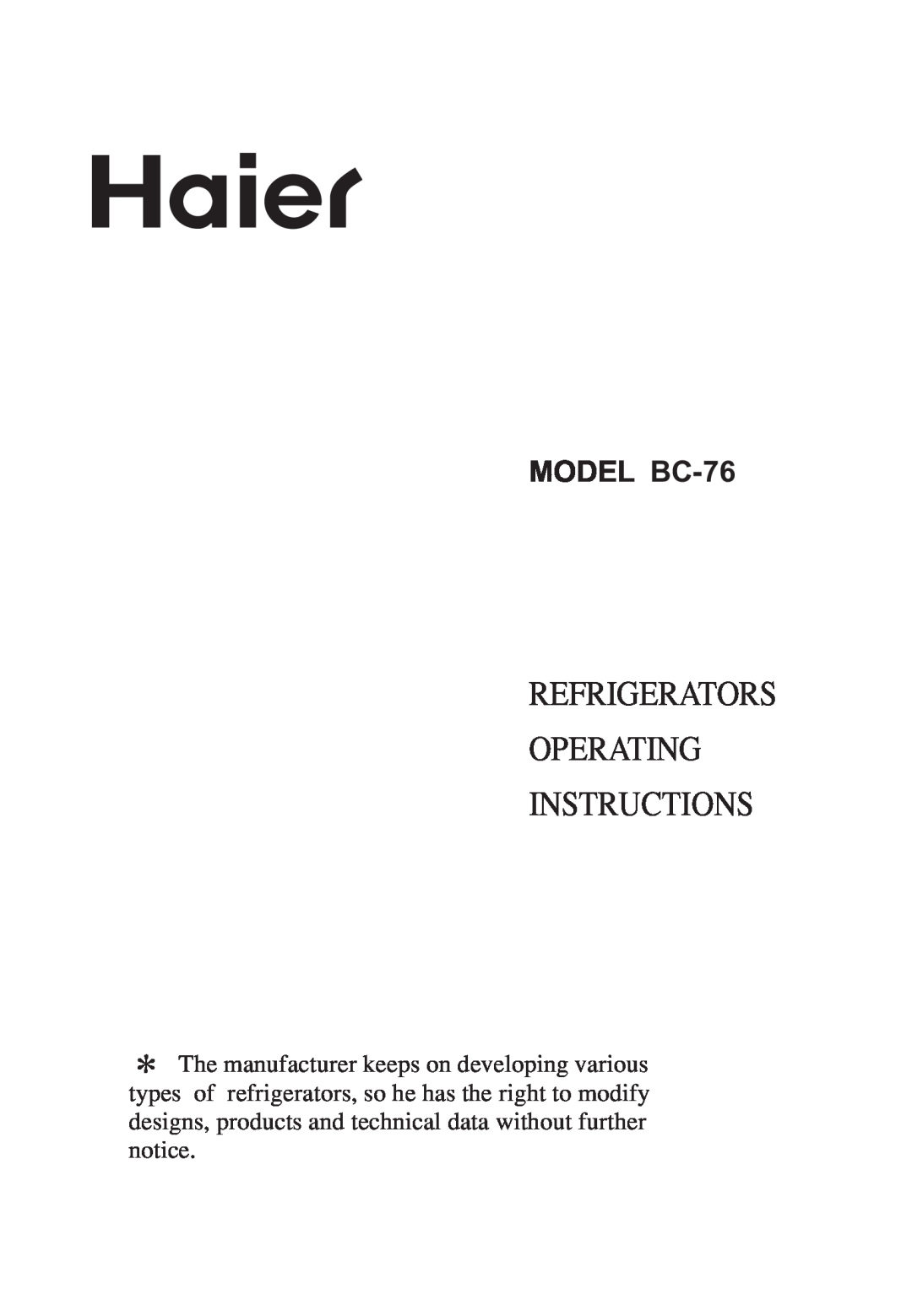 Haier BC-76 operating instructions Lemair, Refrigerators Operating Instructions, MODEL BCRQ--7685M, No 