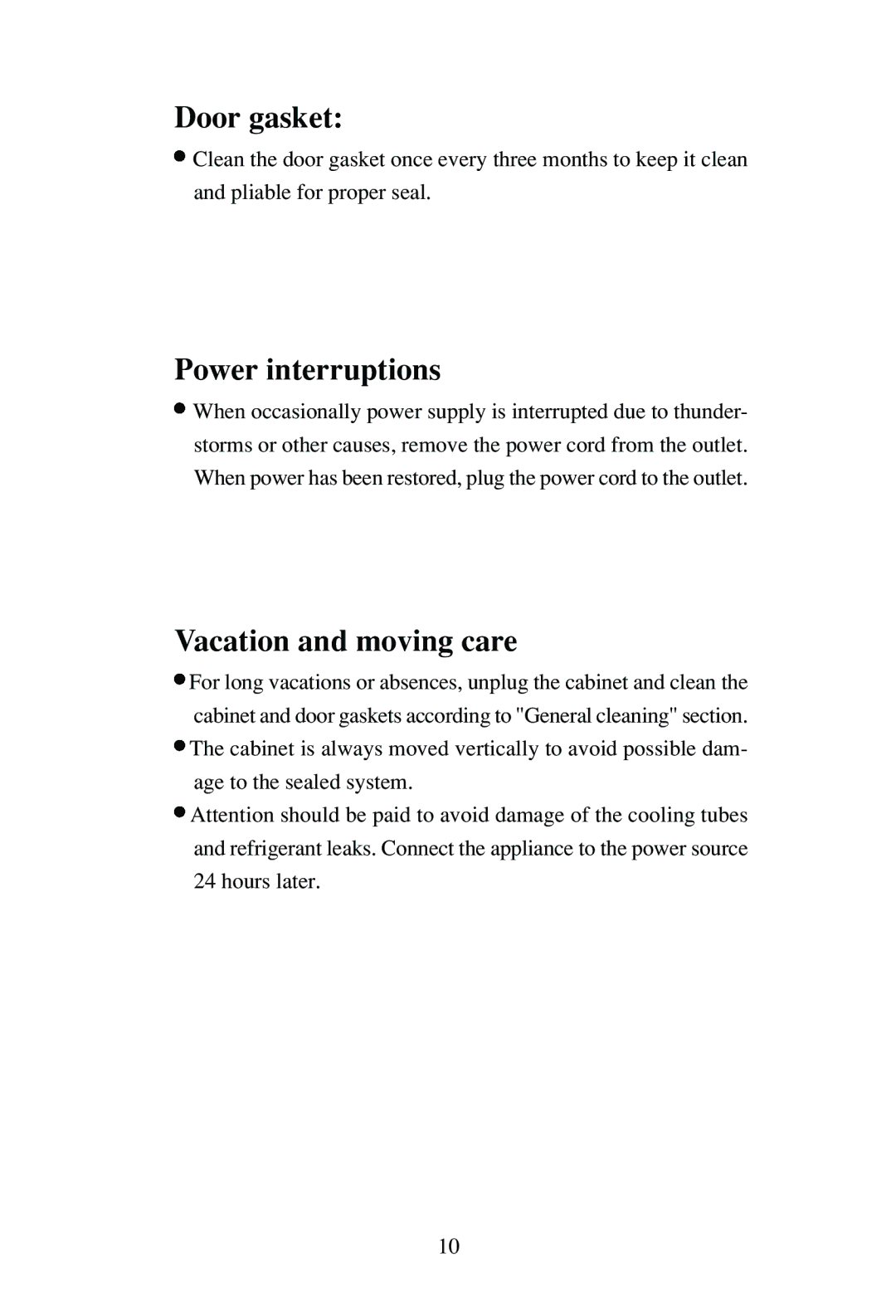 Haier BC-80H/110H manual Door gasket, Power interruptions, Vacation and moving care 
