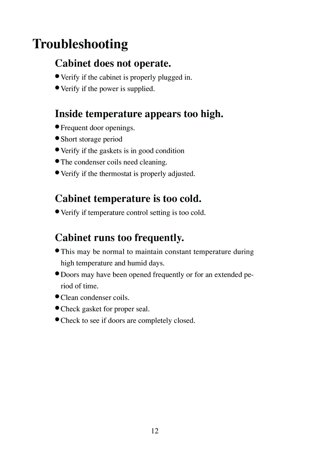 Haier BC-80H/110H manual Troubleshooting, Cabinet does not operate, Inside temperature appears too high 