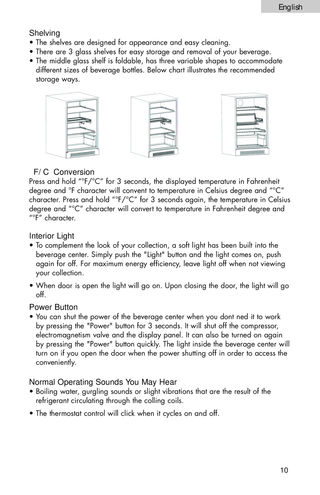 Haier BC100GS user manual Shelving, Conversion, Interior Light, Power Button, Normal Operating Sounds You May Hear 