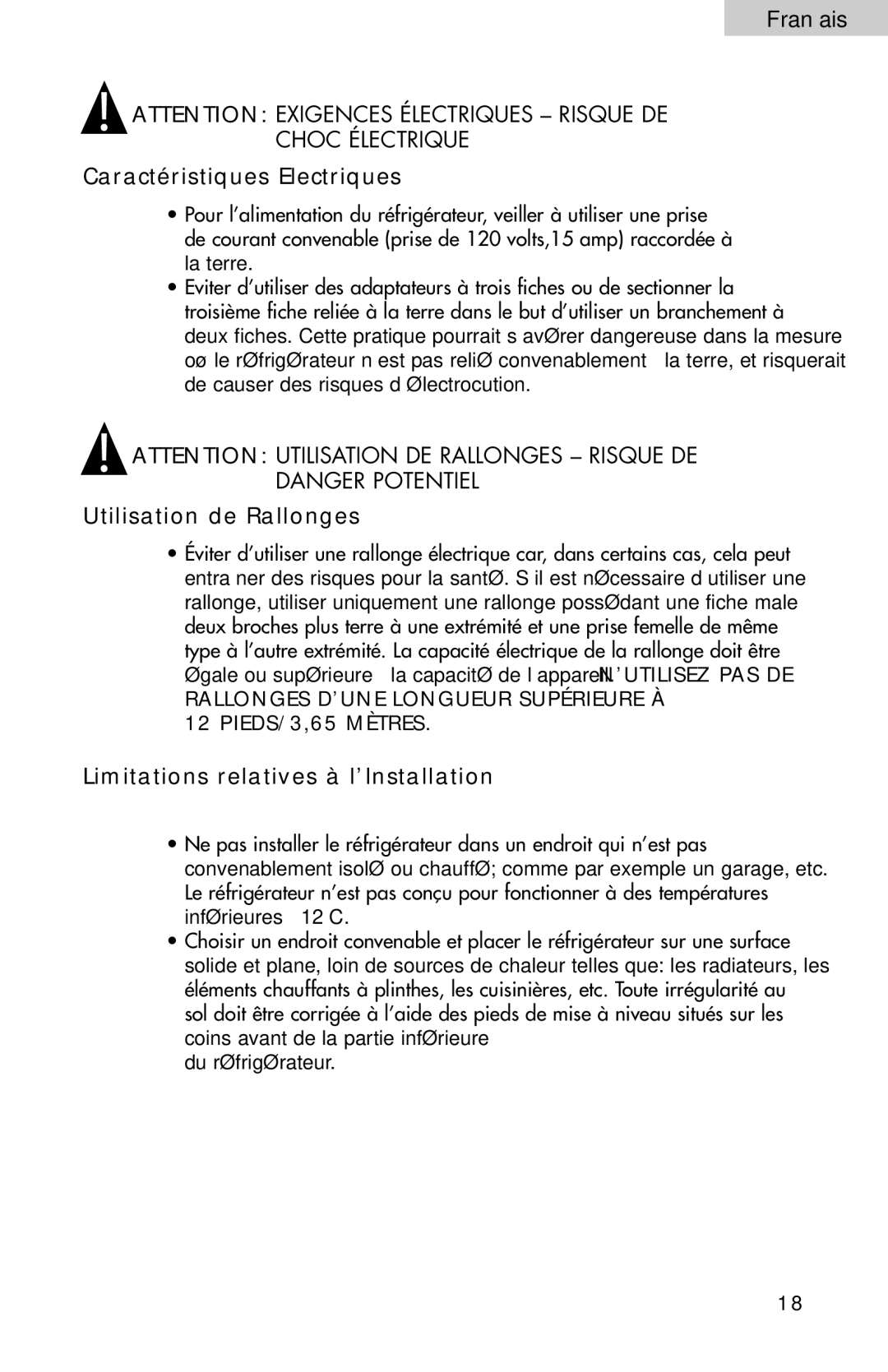 Haier BC100GS user manual Caractéristiques Electriques, Utilisation de Rallonges, Limitations relatives à l’Installation 