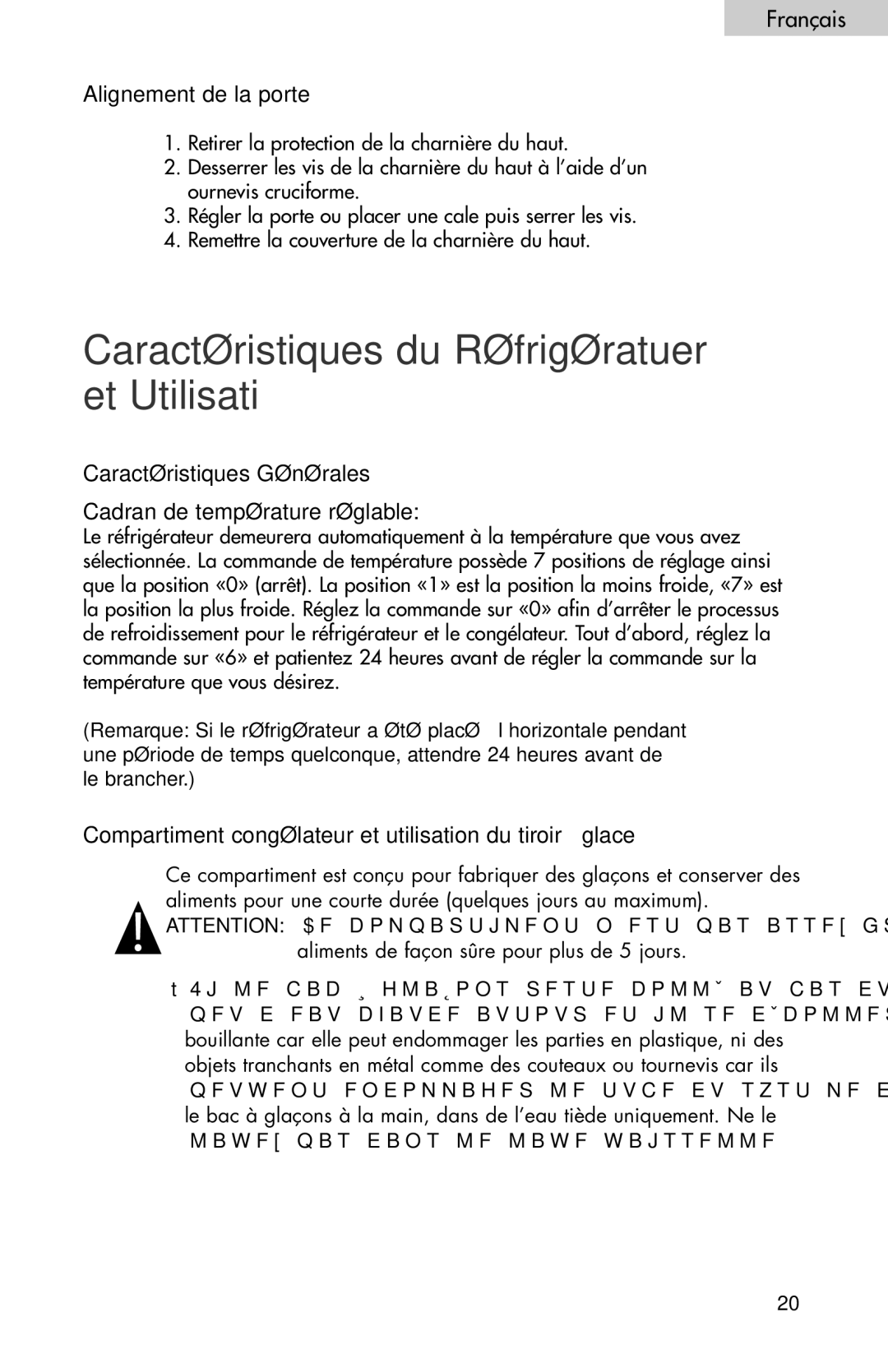 Haier BC100GS user manual Caractéristiques du Réfrigératuer et Utilisati, Alignement de la porte 