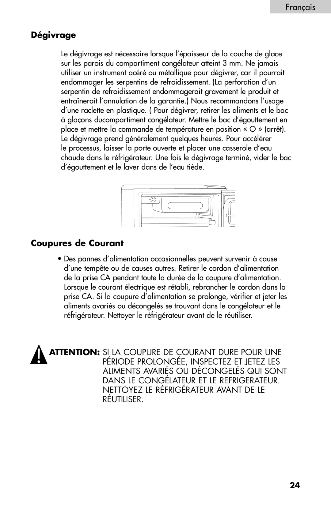 Haier BC100GS user manual Dégivrage, Coupures de Courant 