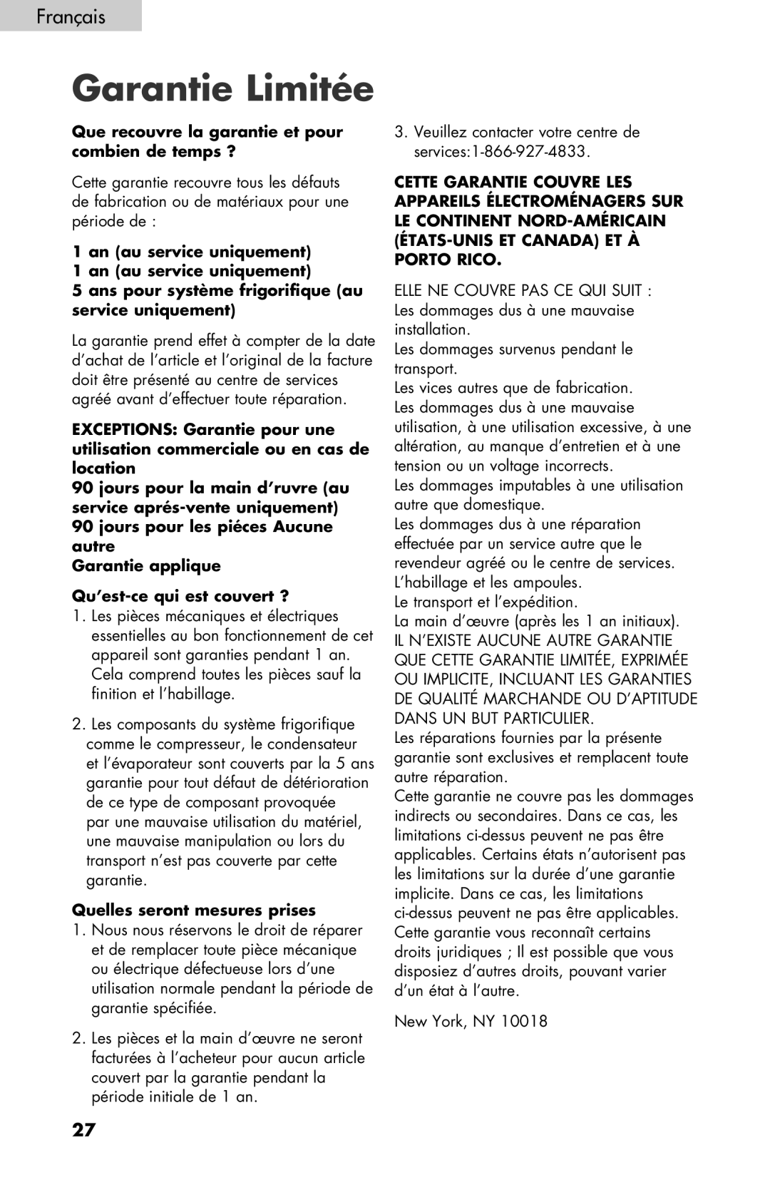 Haier BC100GS user manual Garantie Limitée, Que recouvre la garantie et pour combien de temps ? 