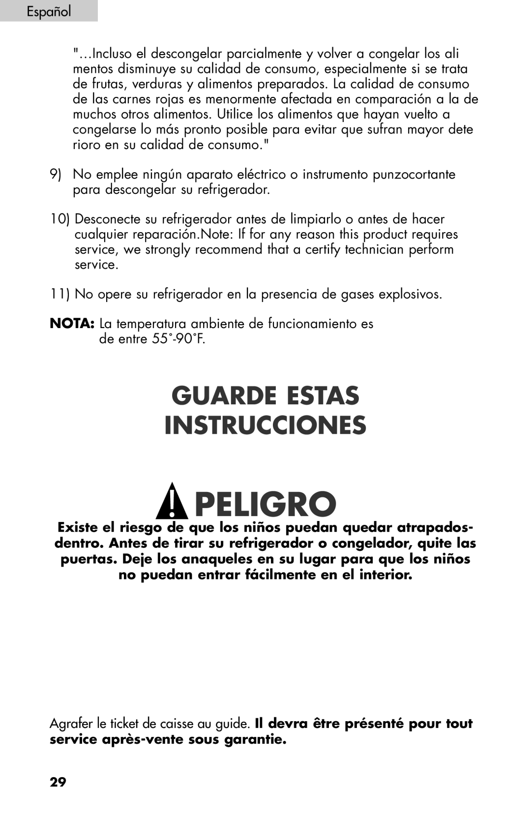 Haier BC100GS user manual Peligro 