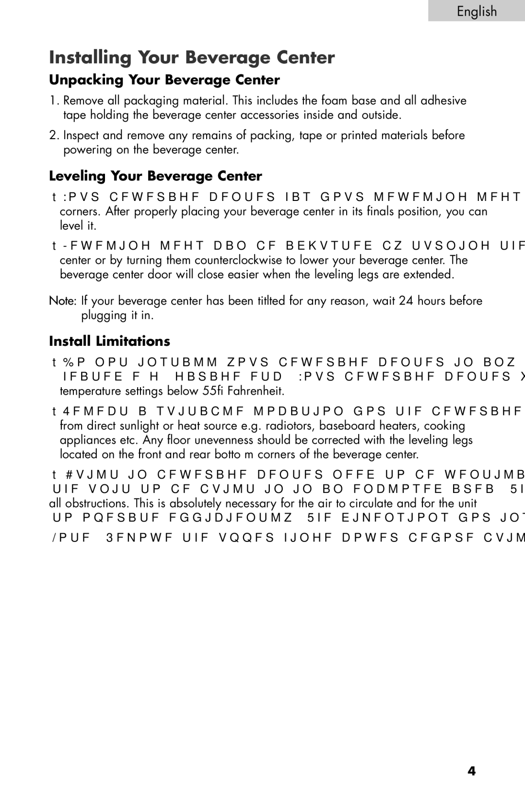 Haier BC100GS user manual Unpacking Your Beverage Center, Leveling Your Beverage Center, Install Limitations 