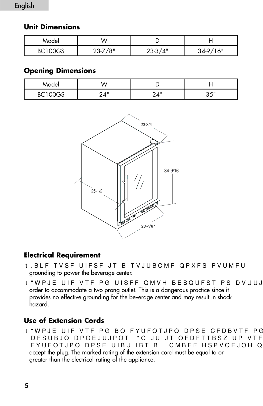 Haier BC100GS user manual Unit Dimensions, Opening Dimensions, Electrical Requirement, Use of Extension Cords 