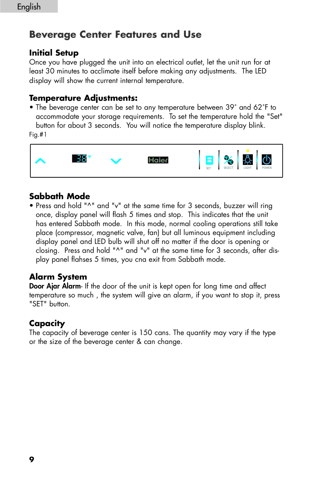 Haier BC100GS manual Initial Setup, Temperature Adjustments, Sabbath Mode, Alarm System, Capacity 