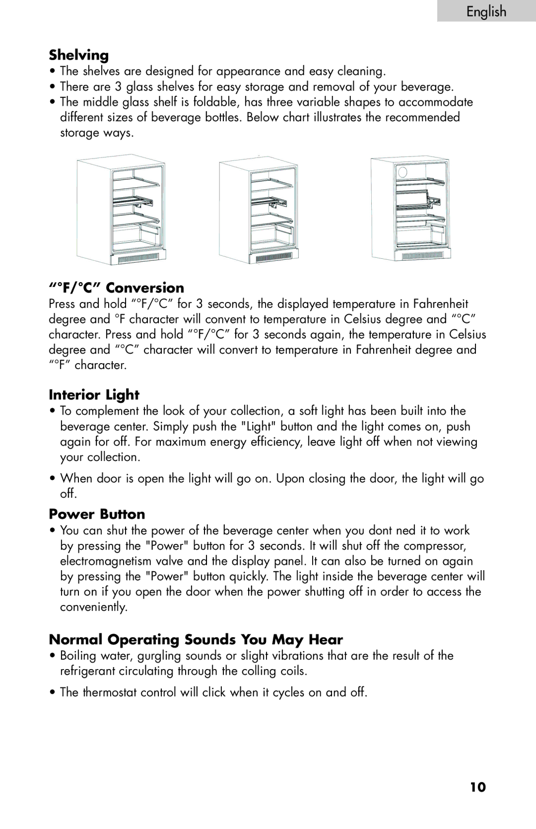 Haier BC100GS manual Shelving, Conversion, Interior Light, Power Button, Normal Operating Sounds You May Hear 