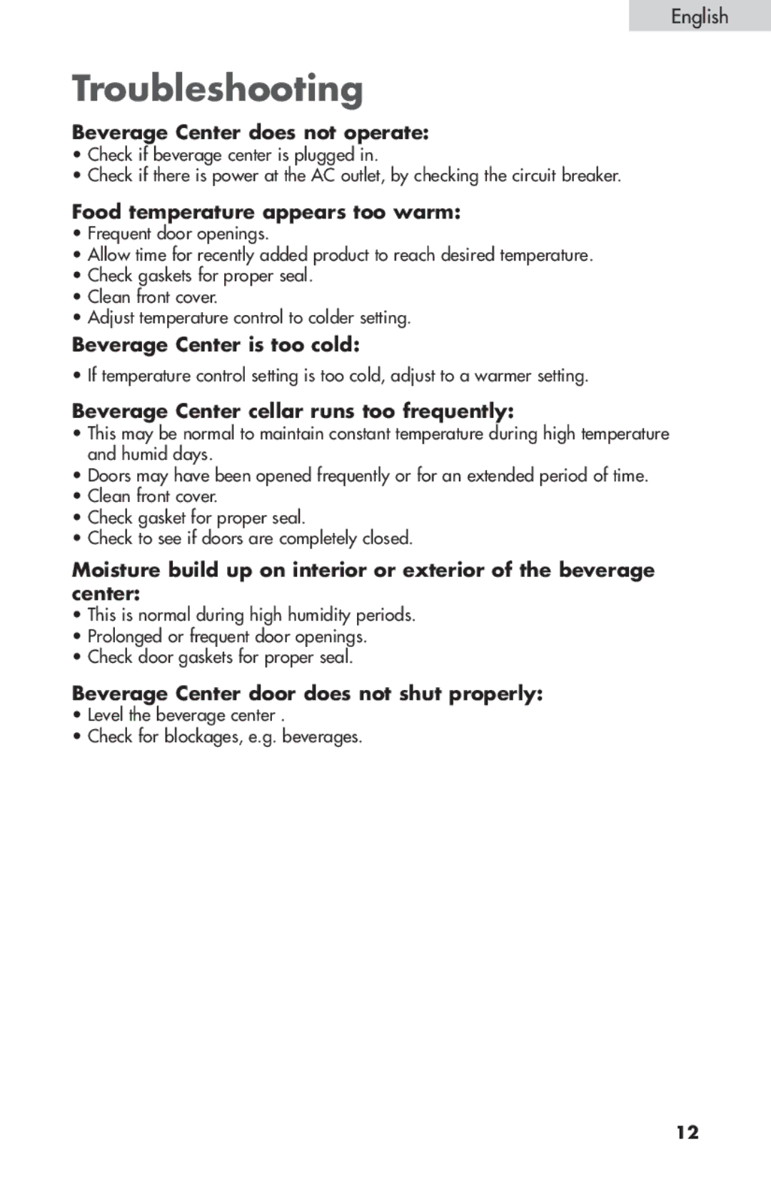 Haier BC100GS manual Beverage Center does not operate, Food temperature appears too warm, Beverage Center is too cold 