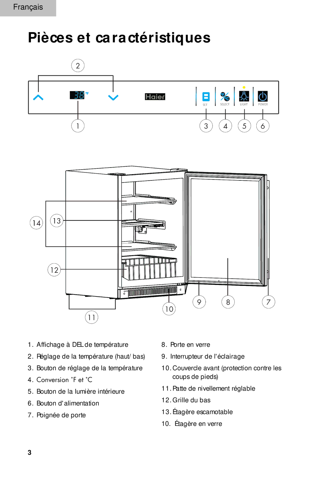 Haier BC100GS manual Pièces et caractéristiques 