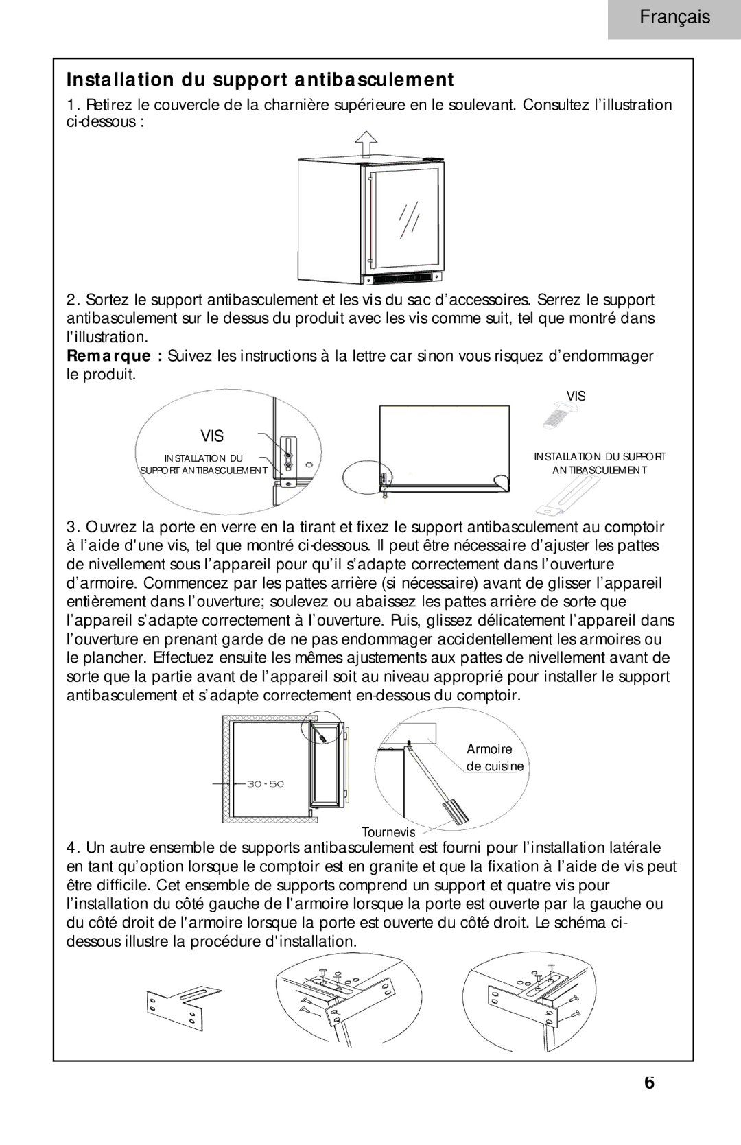 Haier BC100GS manual Installation du support antibasculement, Vis 