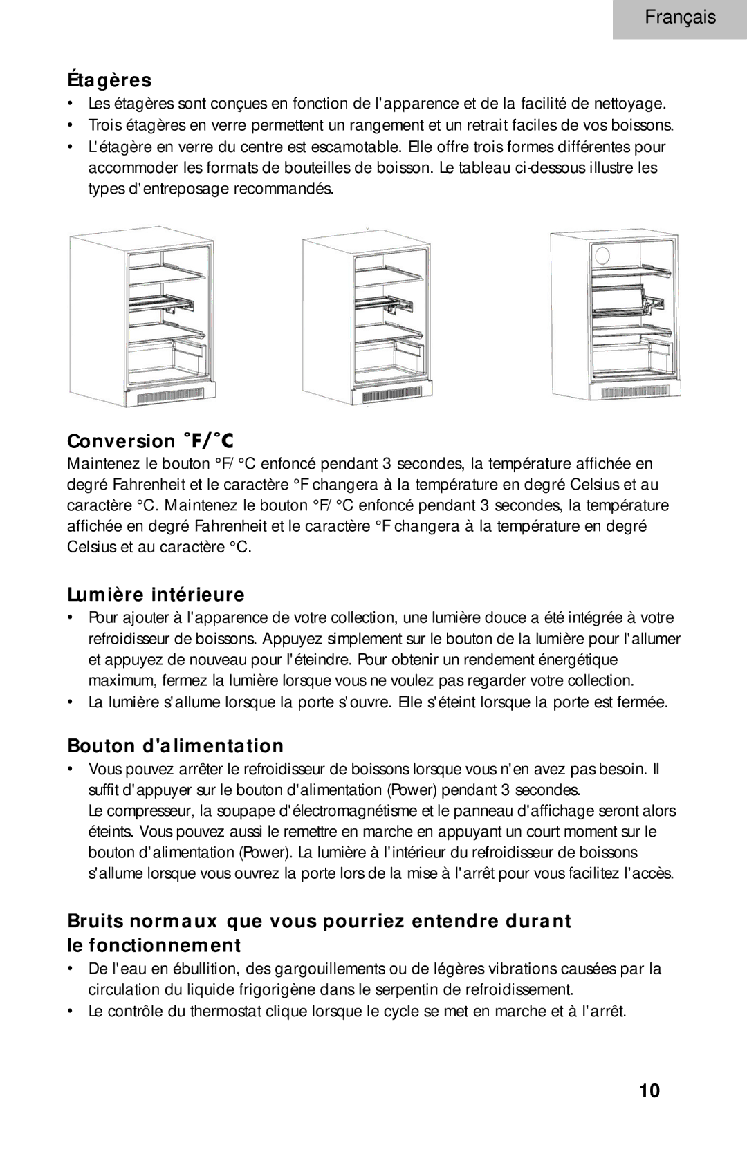 Haier BC100GS manual Étagères, Conversion ˚F/˚C, Lumière intérieure, Bouton dalimentation 