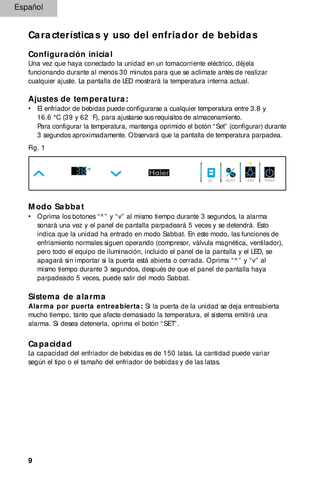 Haier BC100GS manual Configuración inicial, Ajustes de temperatura, Modo Sabbat, Sistema de alarma, Capacidad 