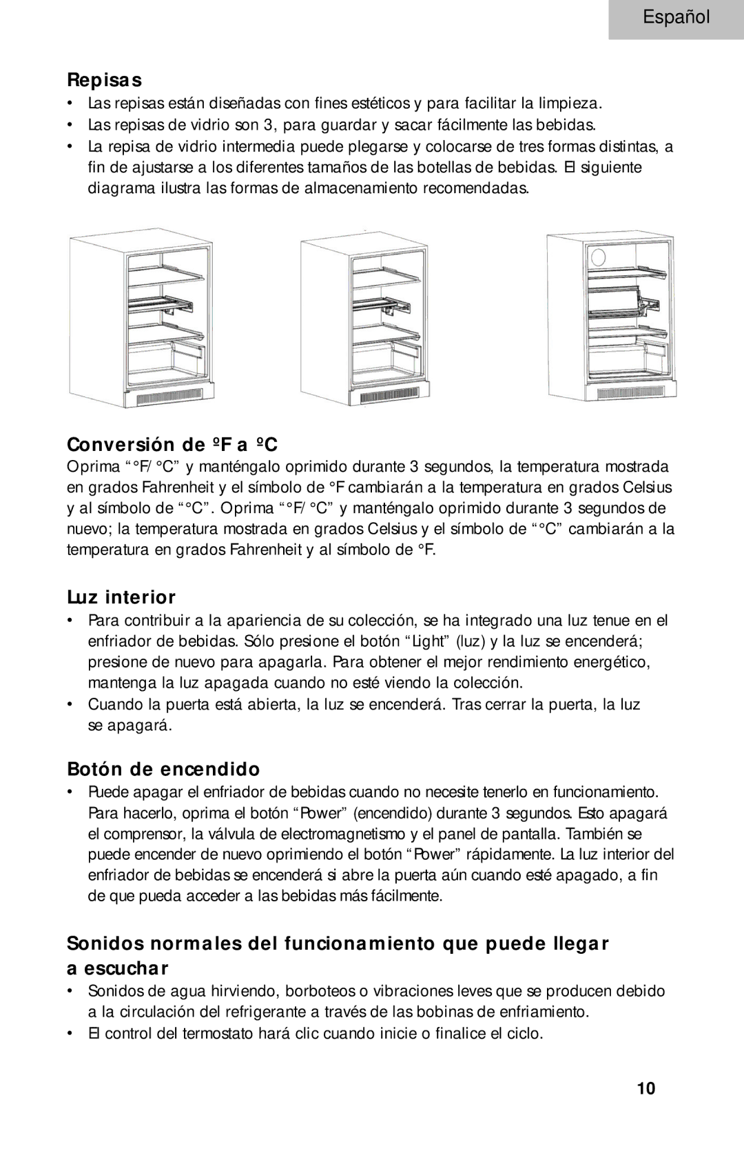 Haier BC100GS manual Repisas, Conversión de ºF a ºC, Luz interior, Botón de encendido 