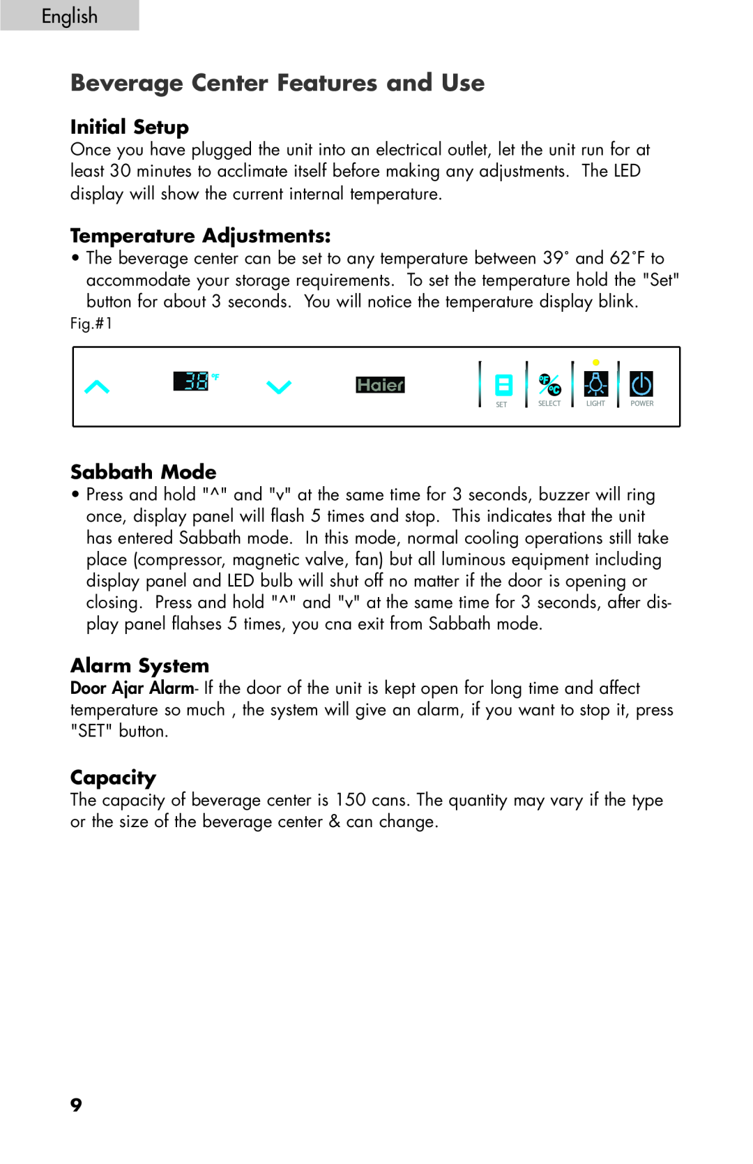 Haier BC100GS user manual Initial Setup, Temperature Adjustments, Sabbath Mode, Alarm System, Capacity 