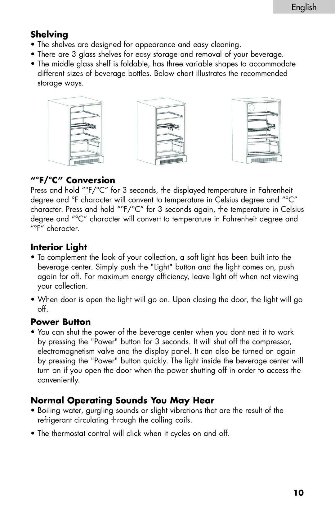 Haier BC100GS user manual Shelving, “F/C” Conversion, Interior Light, Power Button, Normal Operating Sounds You May Hear 