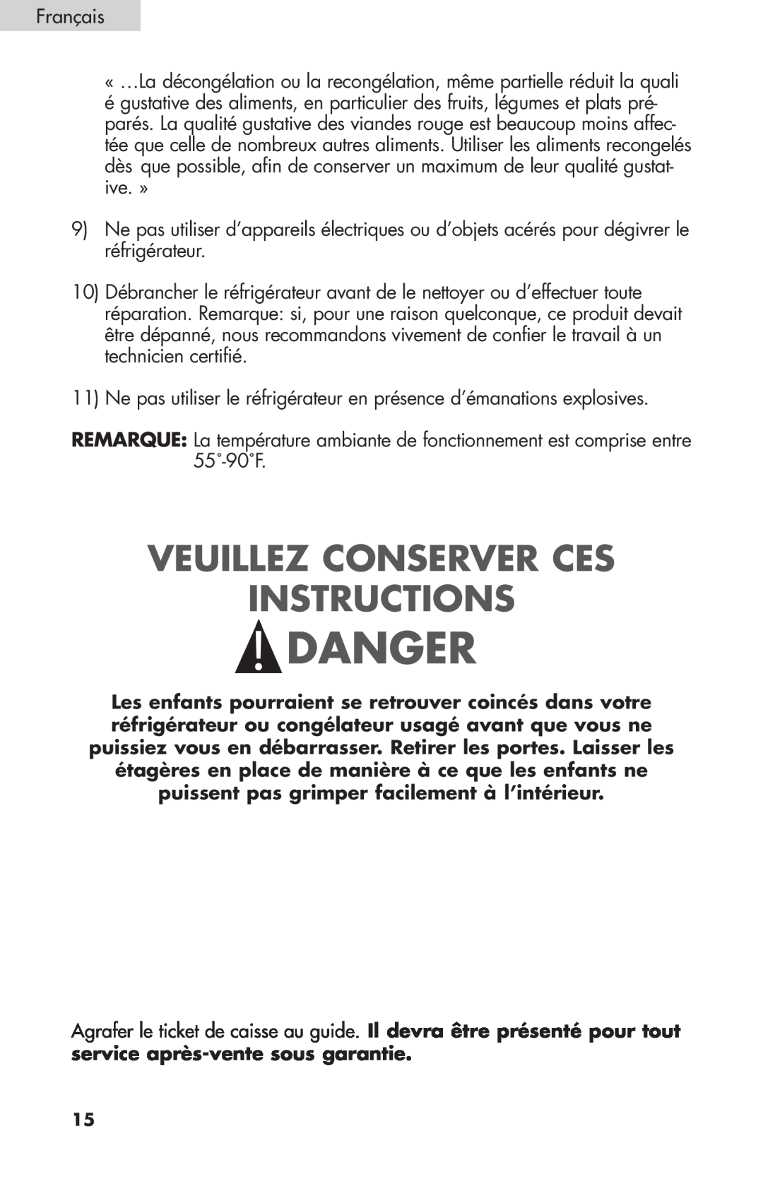 Haier BC100GS user manual Veuillez Conserver Ces Instructions, Danger 