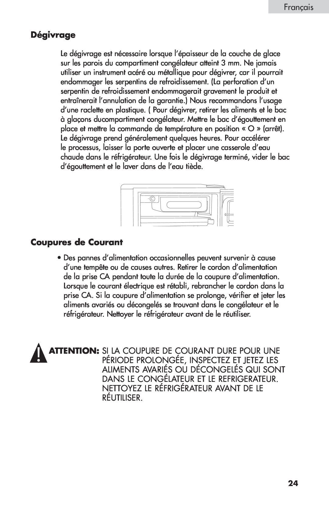 Haier BC100GS user manual Dégivrage, Coupures de Courant 