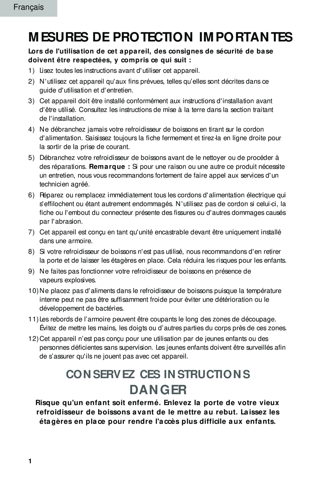 Haier BC100GS manual Mesures De Protection Importantes, Danger, Conservez Ces Instructions 