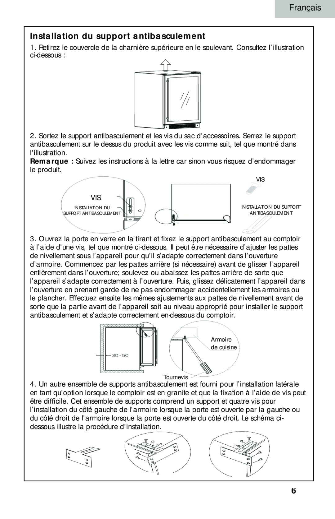 Haier BC100GS manual Installation du support antibasculement 